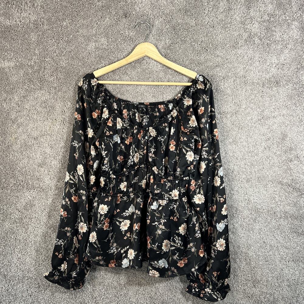 Papermoon Shirt Womens XL Black Floral Long Sleeve Scoop Neck Bohemian Top